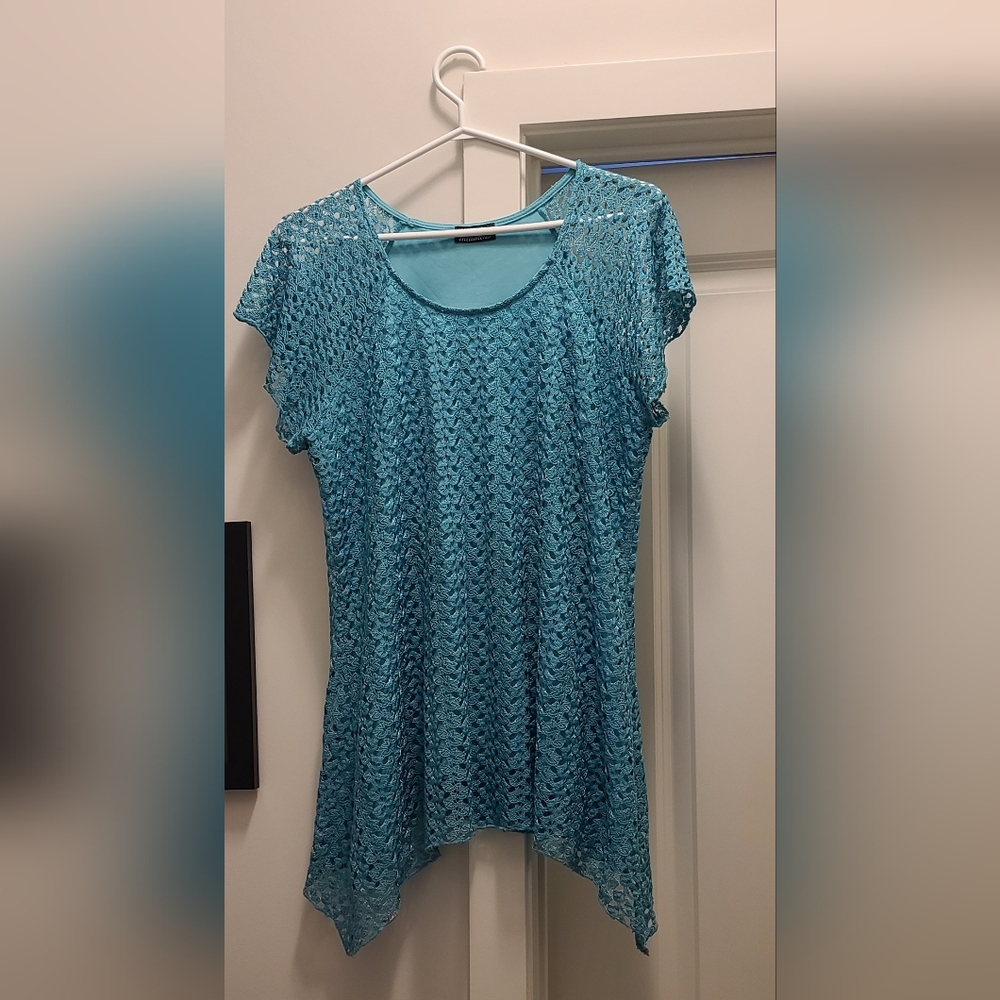 Blue Asymmetrical Cap Sleeve Blouse